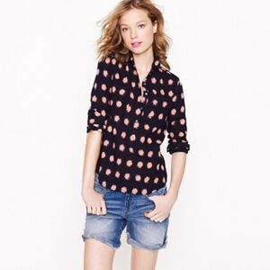 J.Crew Polly Popover Blouse Silkscreen Polka Button Down Top Size 2 Long Sleeve
